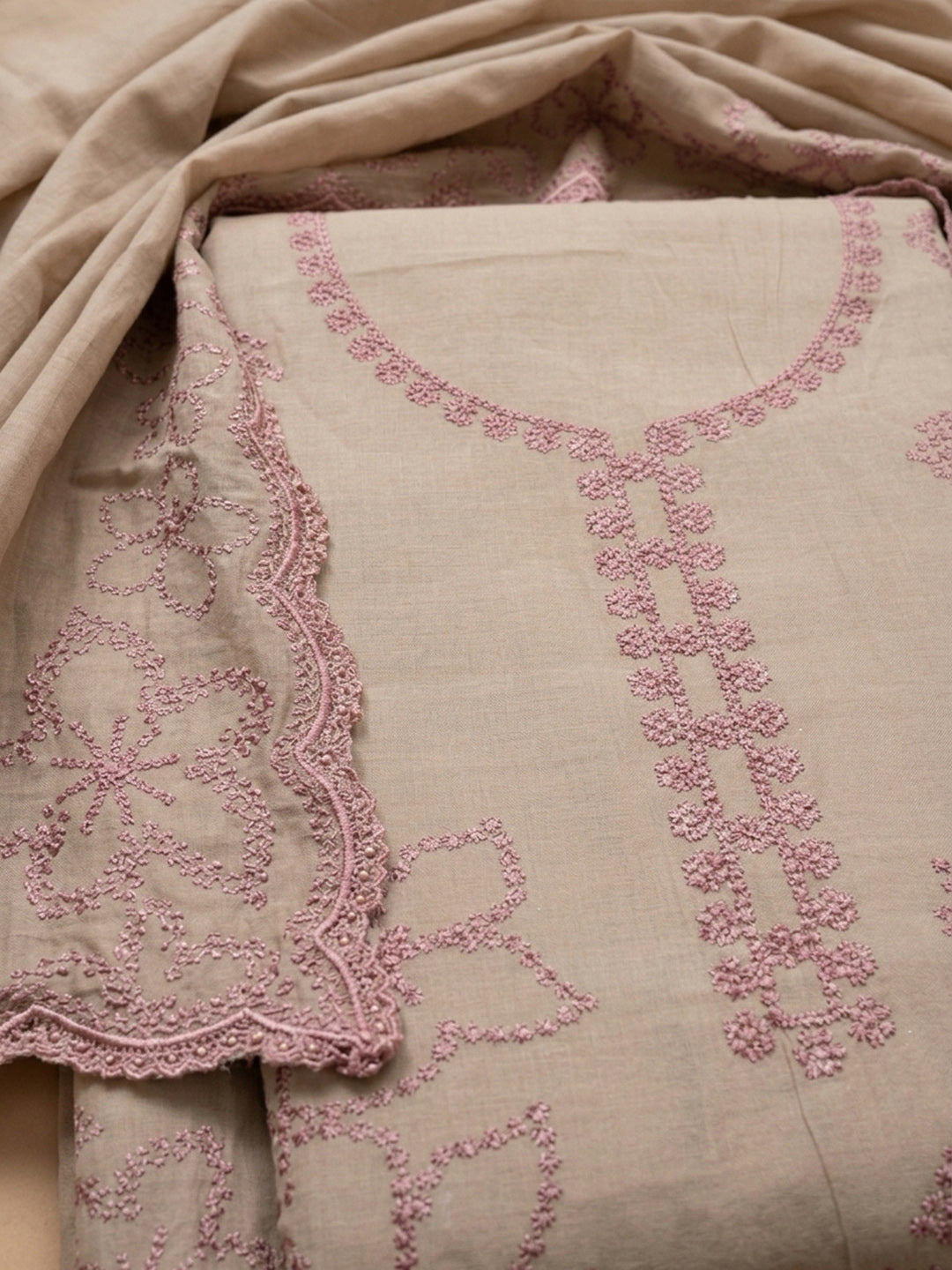 Onion Pink Embroidery Chanderi Unstitched Dress Material