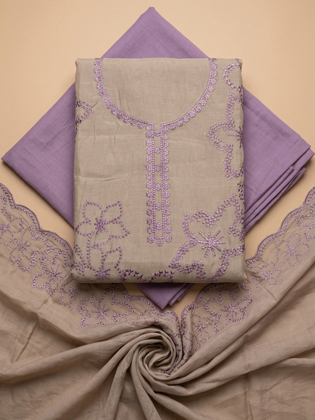 Purple Embroidery Chanderi Unstitched Dress Material