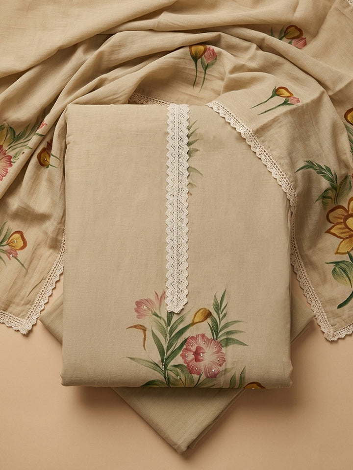 Beige Printed Linen Blend Unstitched Dress Material