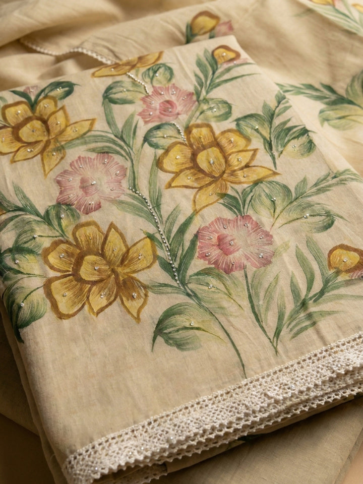 Beige Printed Linen Blend Unstitched Dress Material