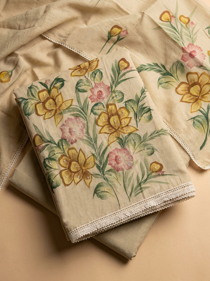 Beige Printed Linen Blend Unstitched Dress Material