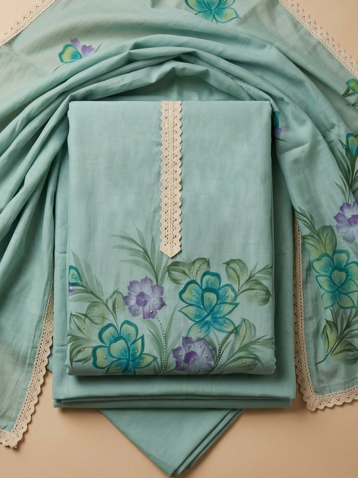 Grey Blue Printed Linen Blend Unstitched Dress Material