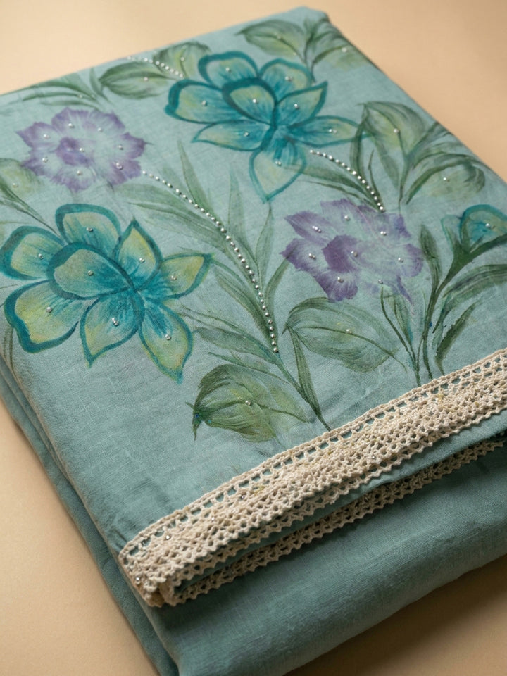 Grey Blue Printed Linen Blend Unstitched Dress Material