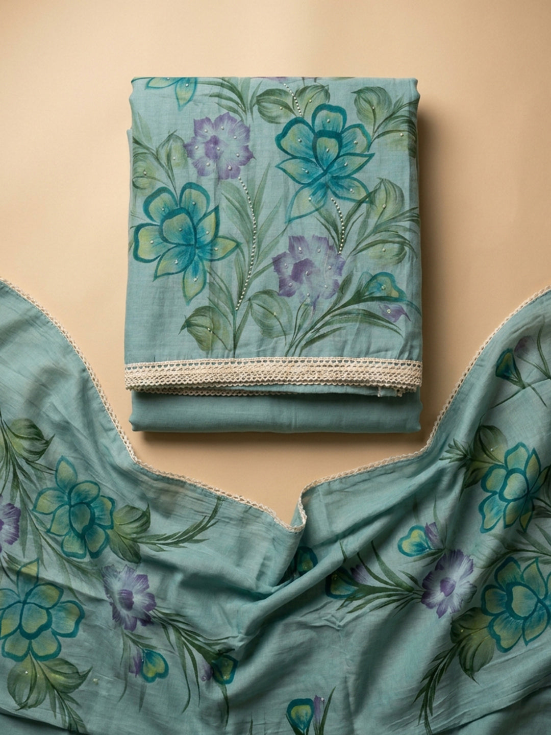 Grey Blue Printed Linen Blend Unstitched Dress Material