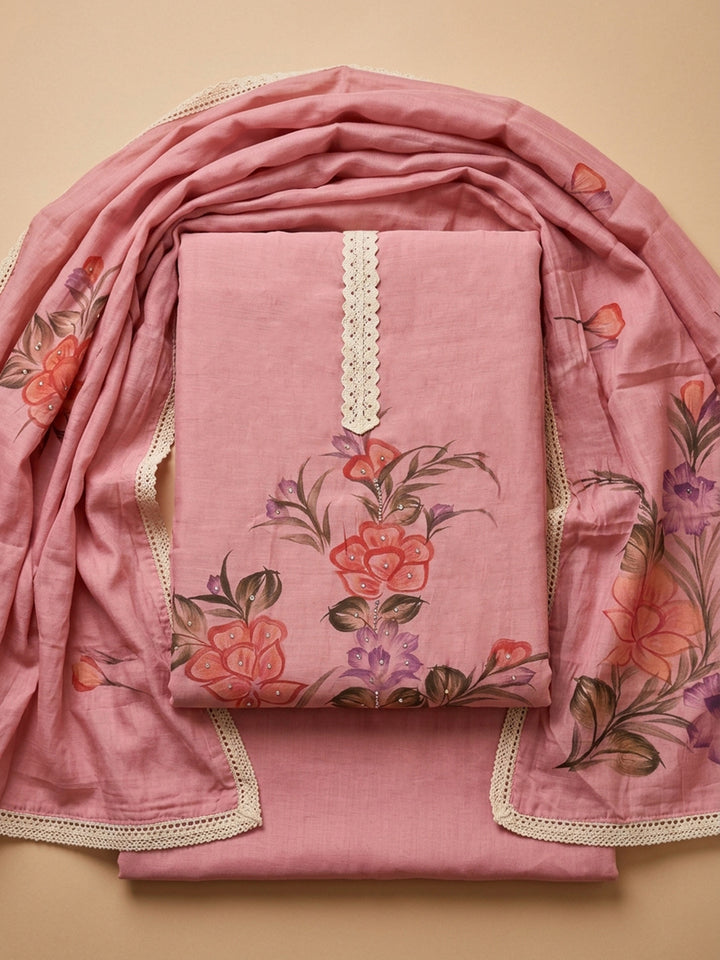 Pink Printed Linen Blend Unstitched Dress Material