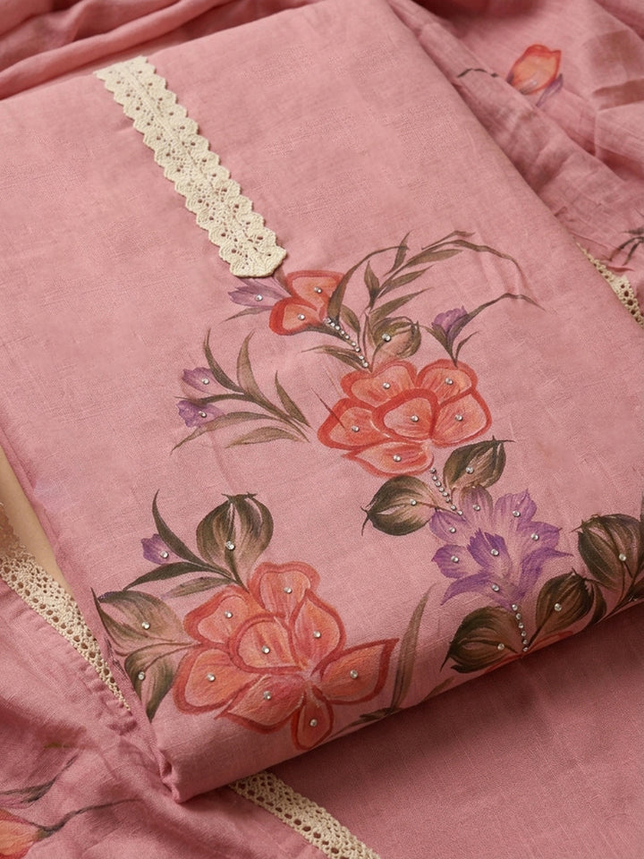 Pink Printed Linen Blend Unstitched Dress Material