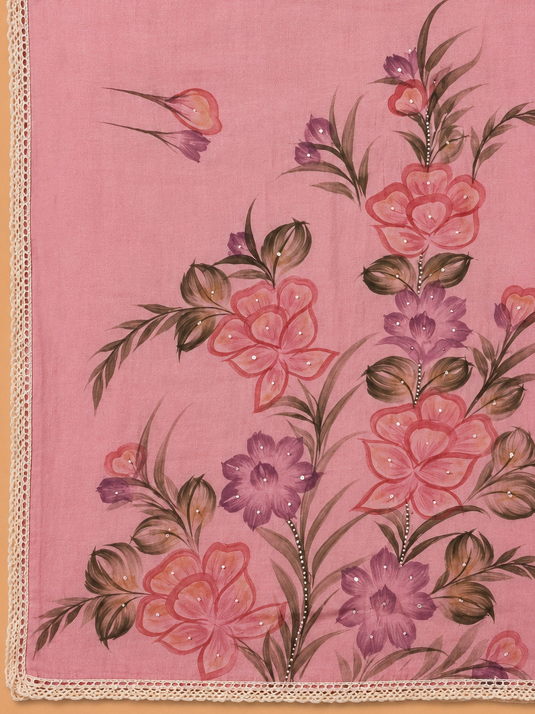 Pink Printed Linen Blend Unstitched Dress Material