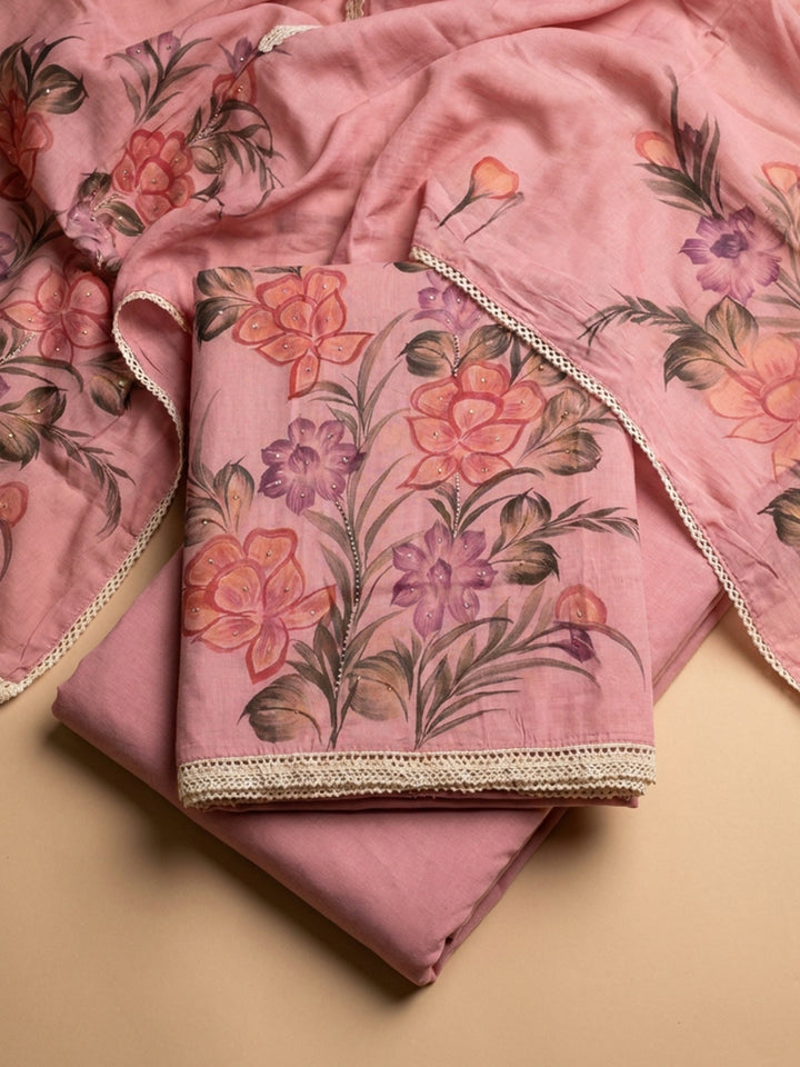 Pink Printed Linen Blend Unstitched Dress Material