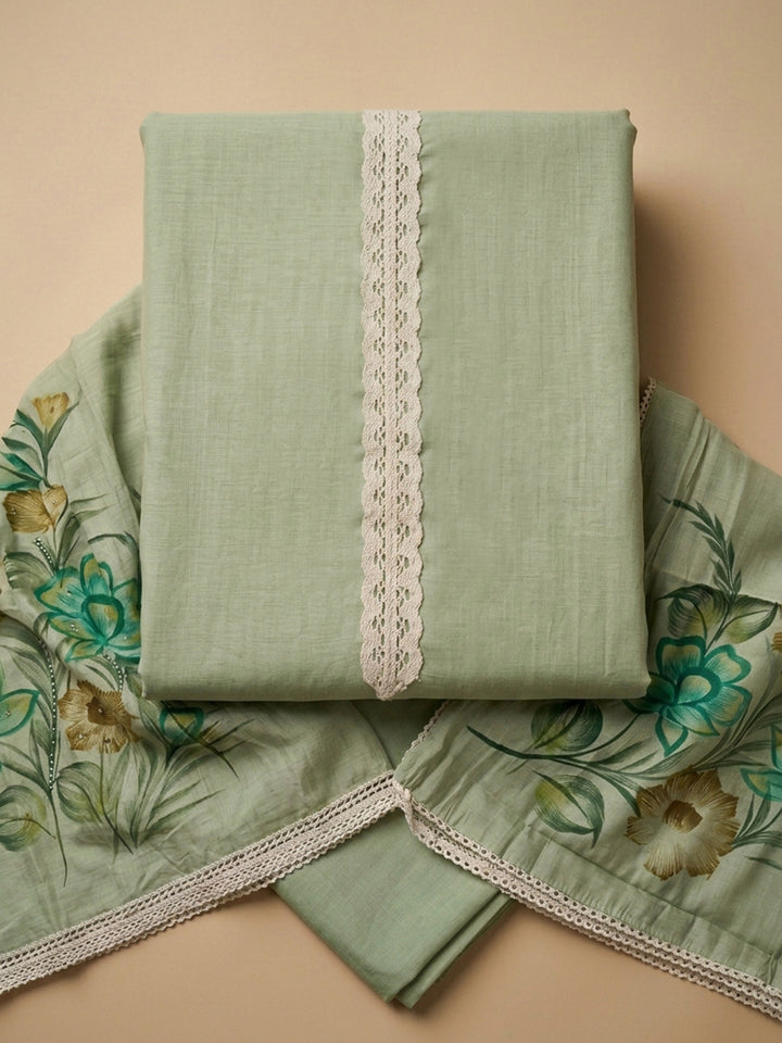 Pista Green Printed Linen Blend Unstitched Dress Material
