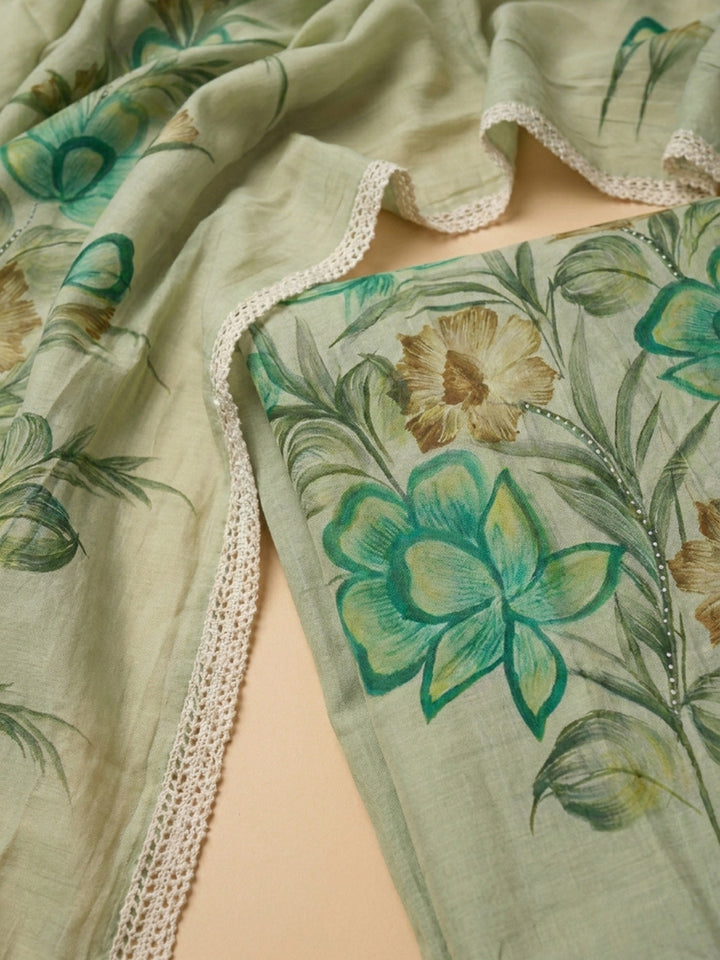 Pista Green Printed Linen Blend Unstitched Dress Material