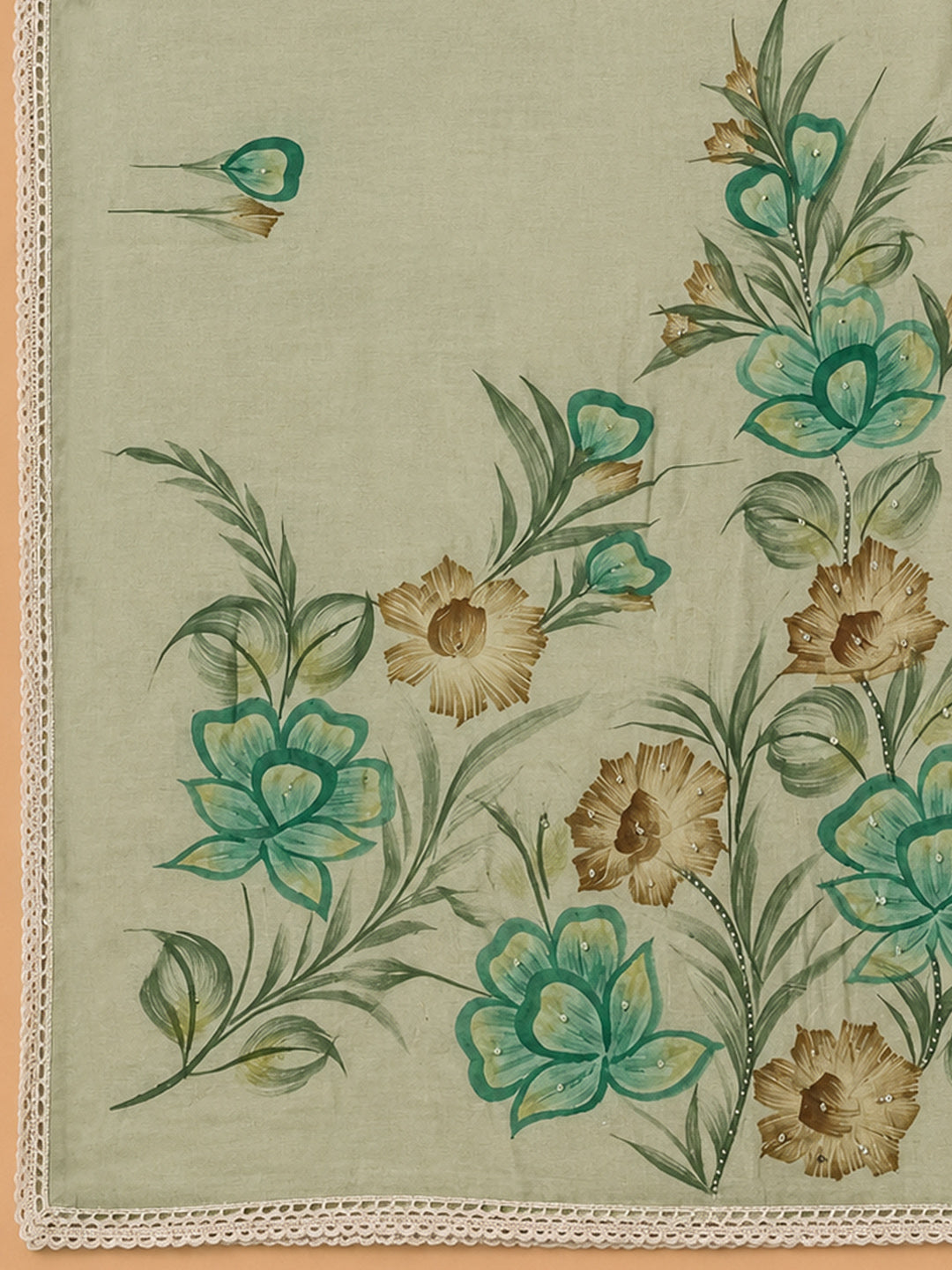 Pista Green Printed Linen Blend Unstitched Dress Material