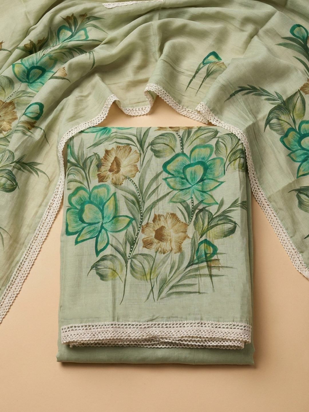 Pista Green Printed Linen Blend Unstitched Dress Material