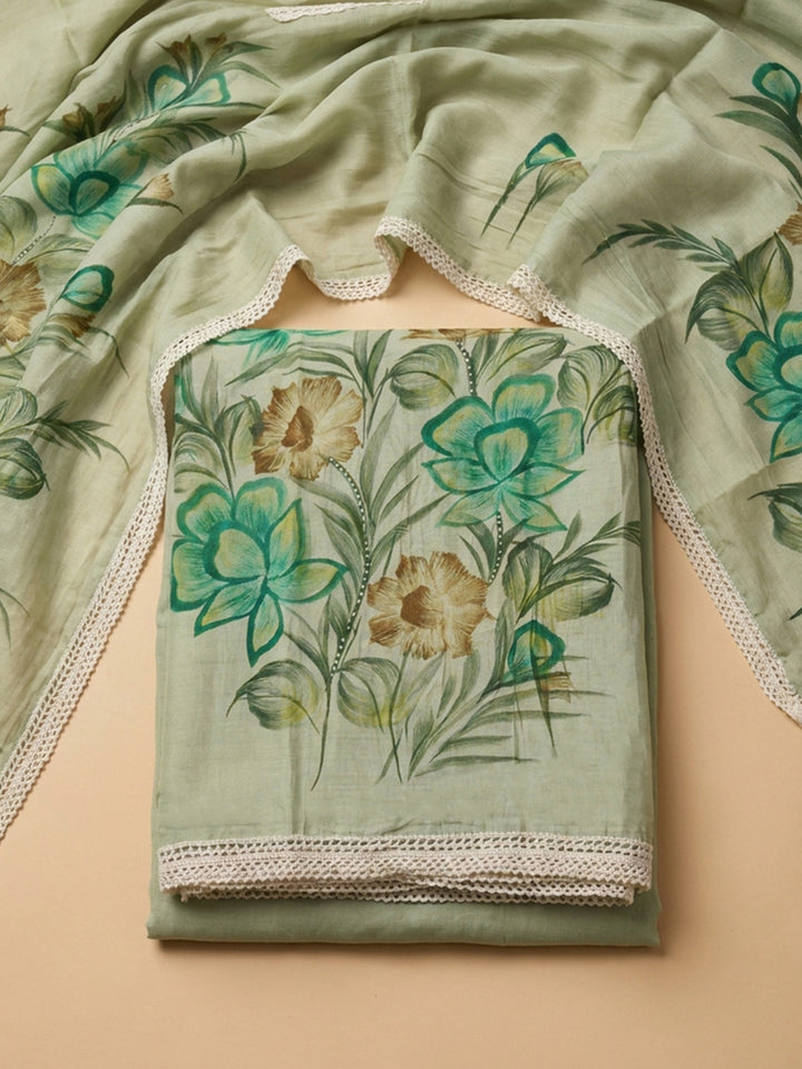 Pista Green Printed Linen Blend Unstitched Dress Material