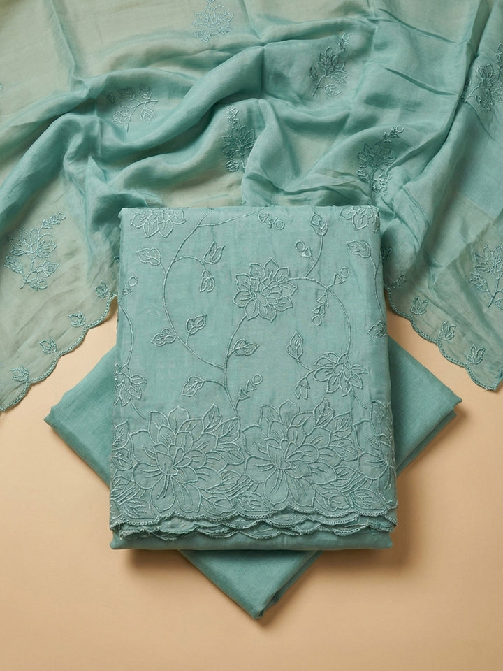 Aqua Green Embroidery Chanderi Unstitched Dress Material