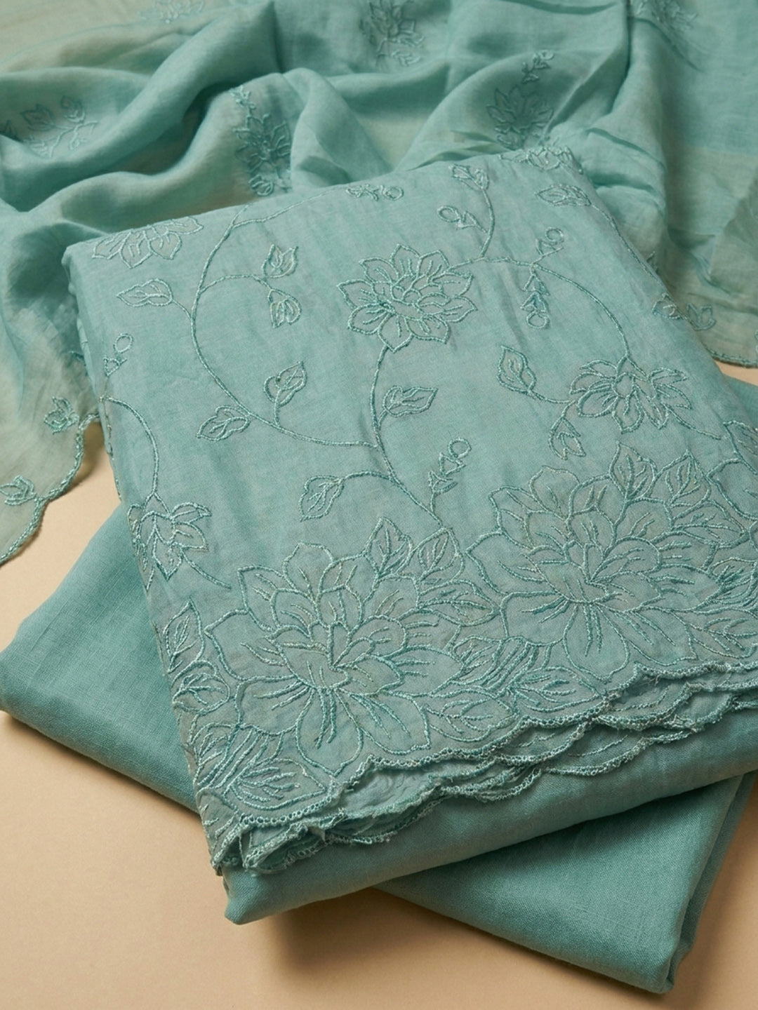 Aqua Green Embroidery Chanderi Unstitched Dress Material