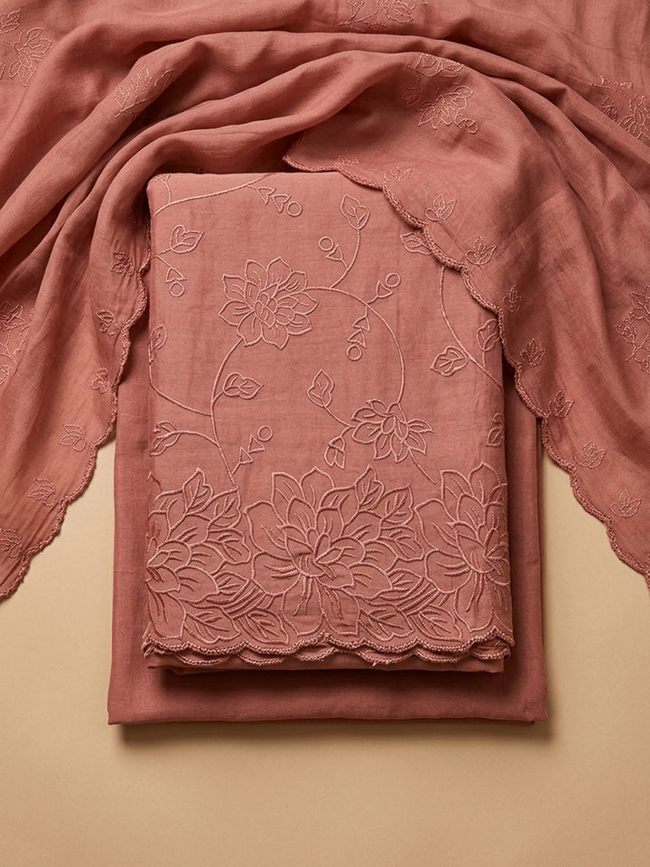 Peach Embroidery Chanderi Unstitched Dress Material
