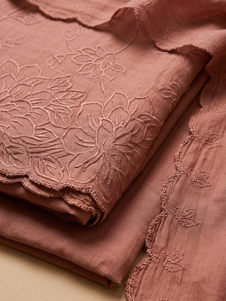 Peach Embroidery Chanderi Unstitched Dress Material
