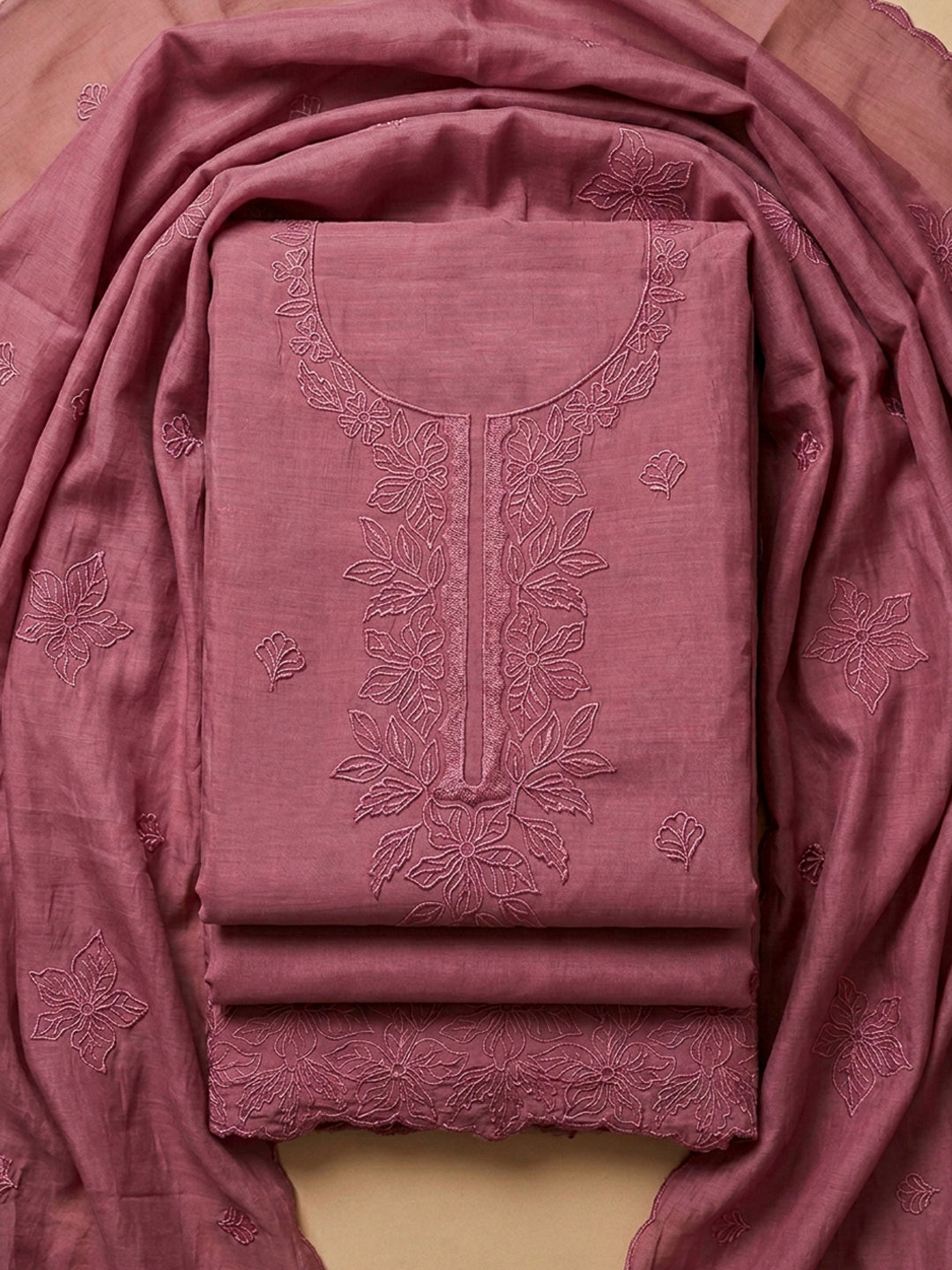 Onion Pink Embroidery Chanderi Unstitched Dress Material