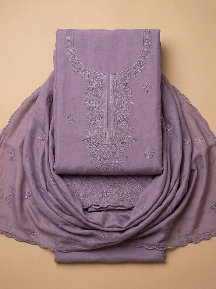 Purple Embroidery Chanderi Unstitched Dress Material