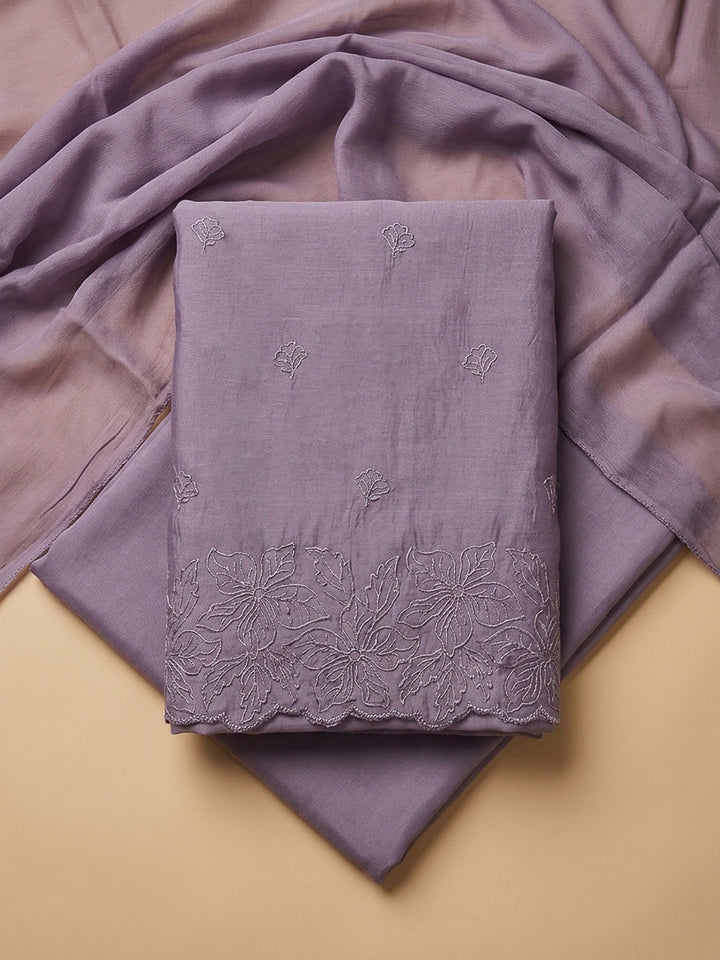 Purple Embroidery Chanderi Unstitched Dress Material