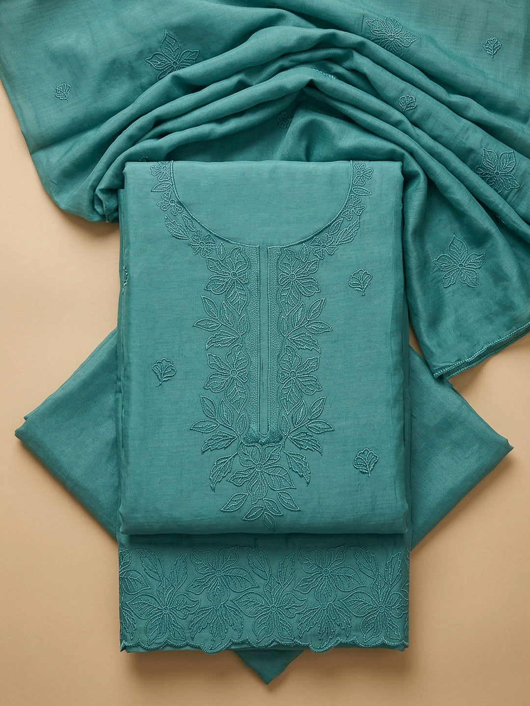 Rama Green Embroidery Chanderi Unstitched Dress Material