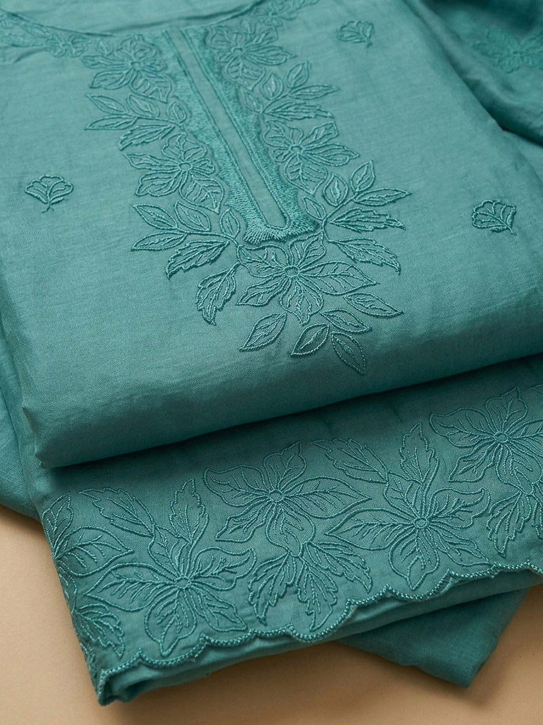 Rama Green Embroidery Chanderi Unstitched Dress Material