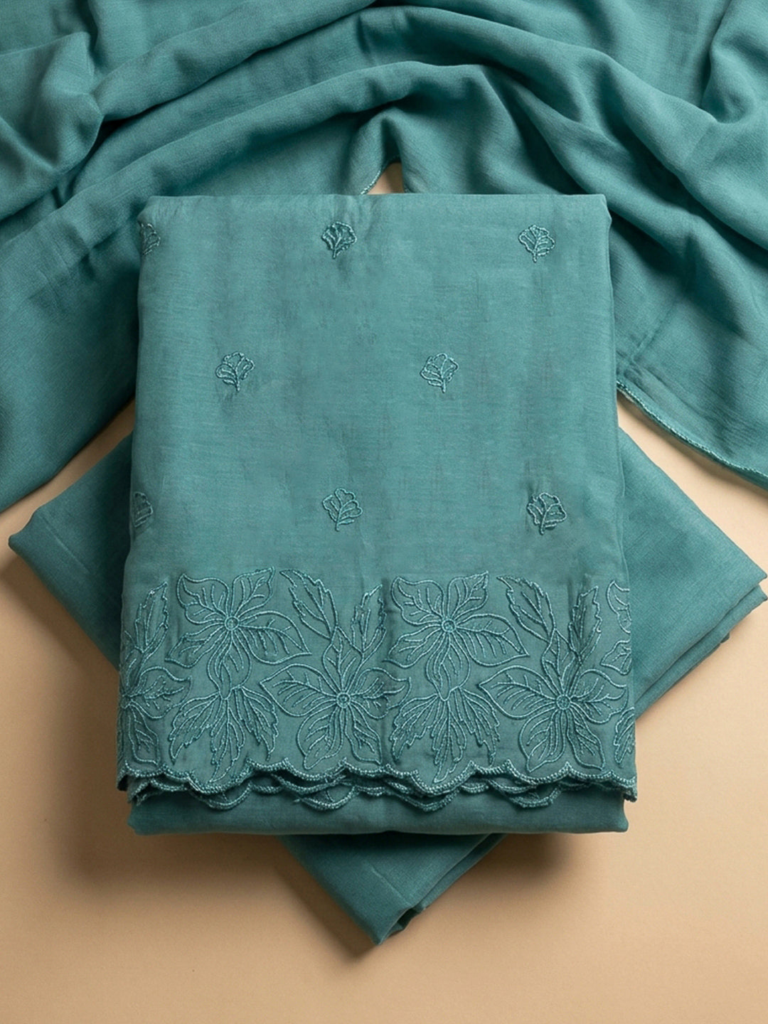 Rama Green Embroidery Chanderi Unstitched Dress Material