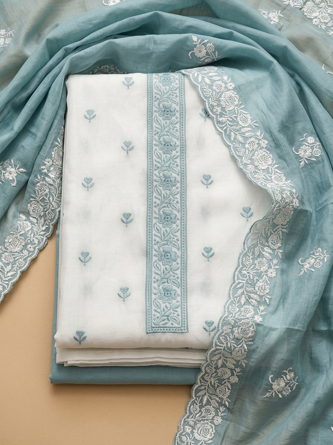Blue Embroidered Chanderi Unstitched Suit &amp; Pant With Chanderi Dupatta