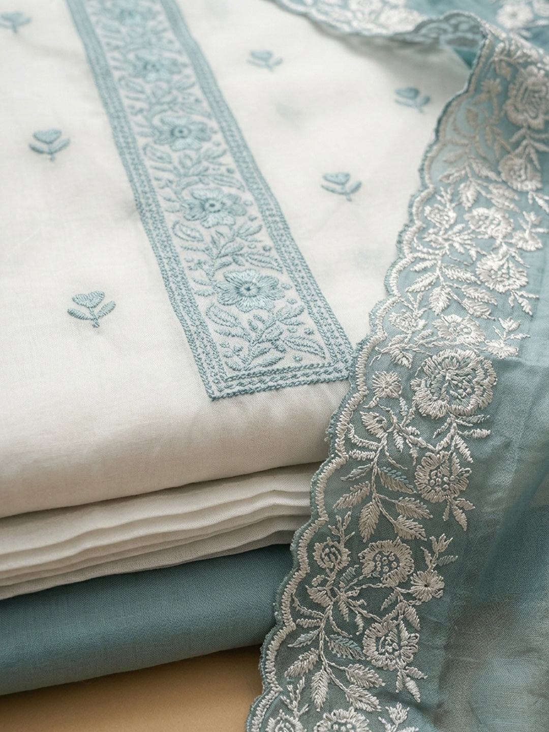 Blue Embroidered Chanderi Unstitched Suit &amp; Pant With Chanderi Dupatta