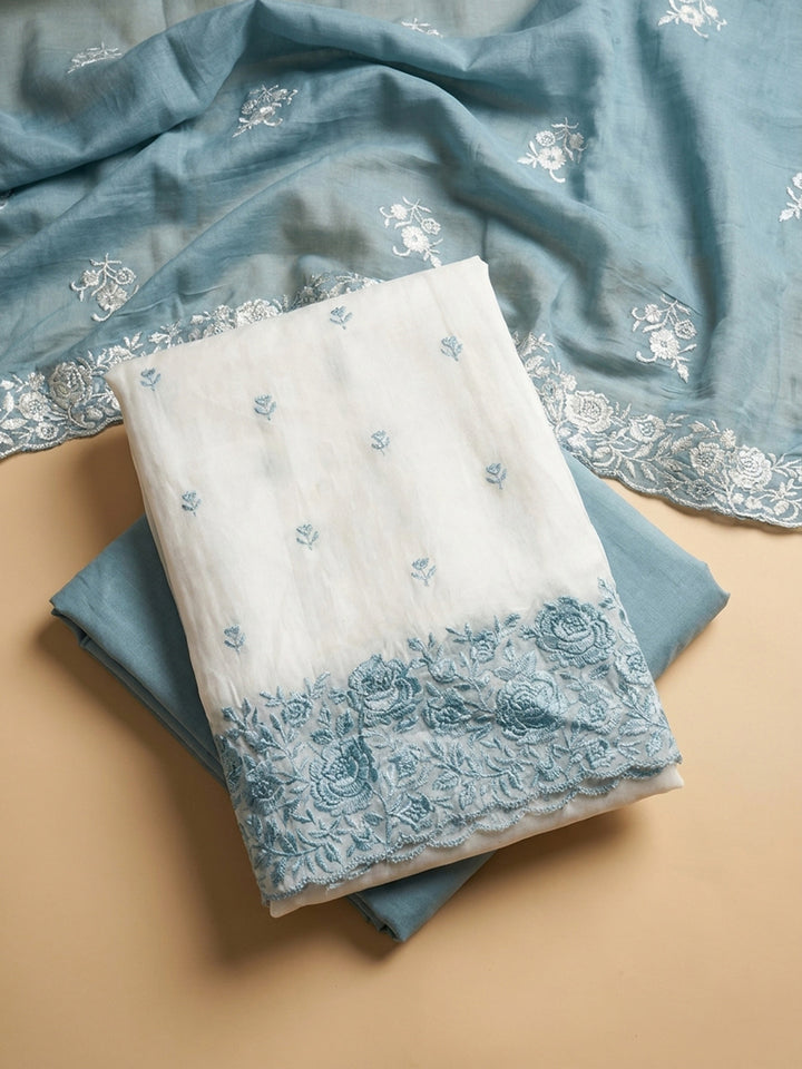 Blue Embroidered Chanderi Unstitched Suit &amp; Pant With Chanderi Dupatta