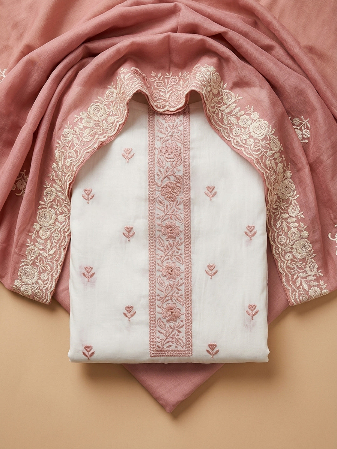 Peach Embroidered Chanderi Unstitched Suit &amp; Pant With Chanderi Dupatta