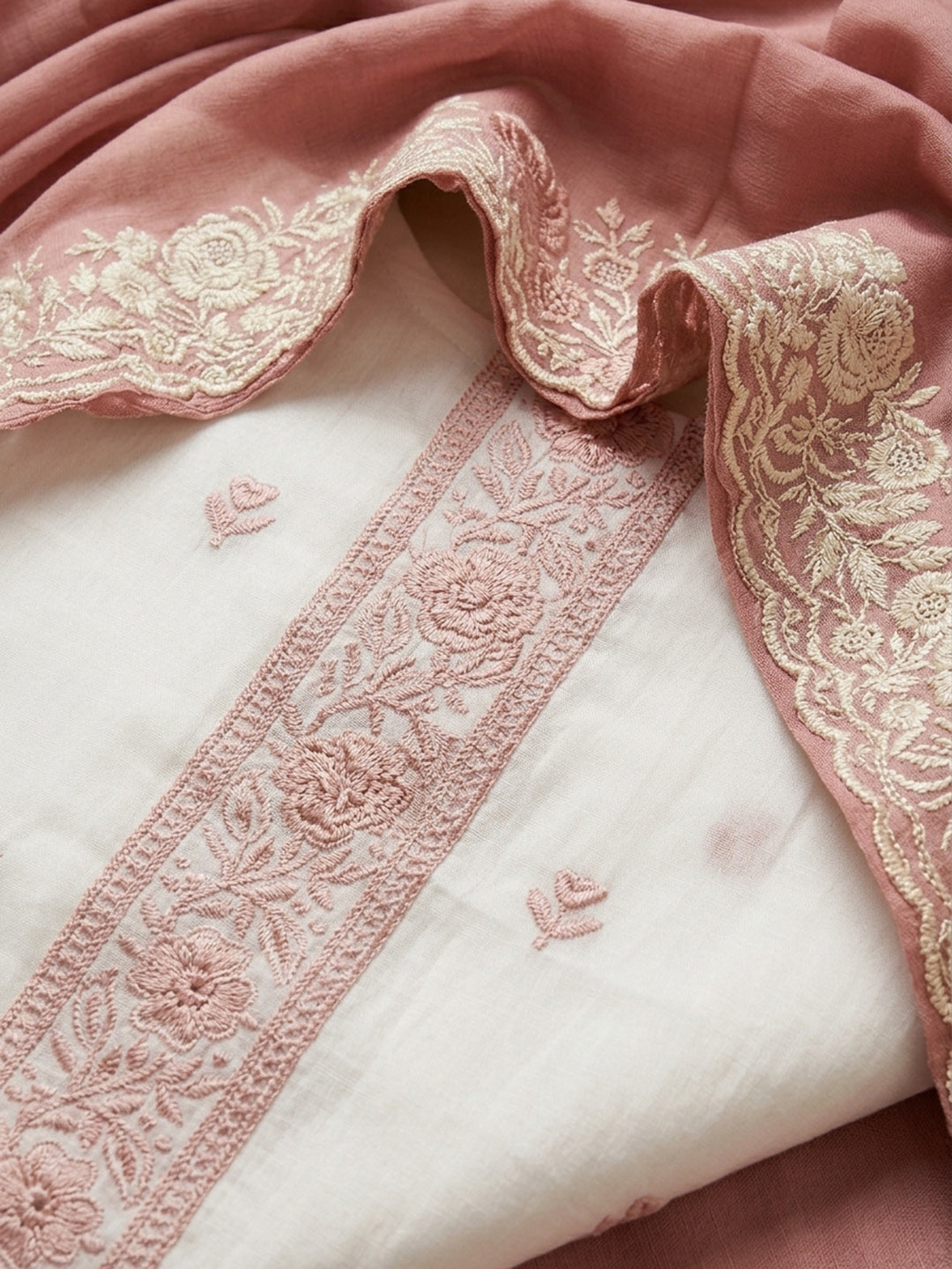 Peach Embroidered Chanderi Unstitched Suit &amp; Pant With Chanderi Dupatta