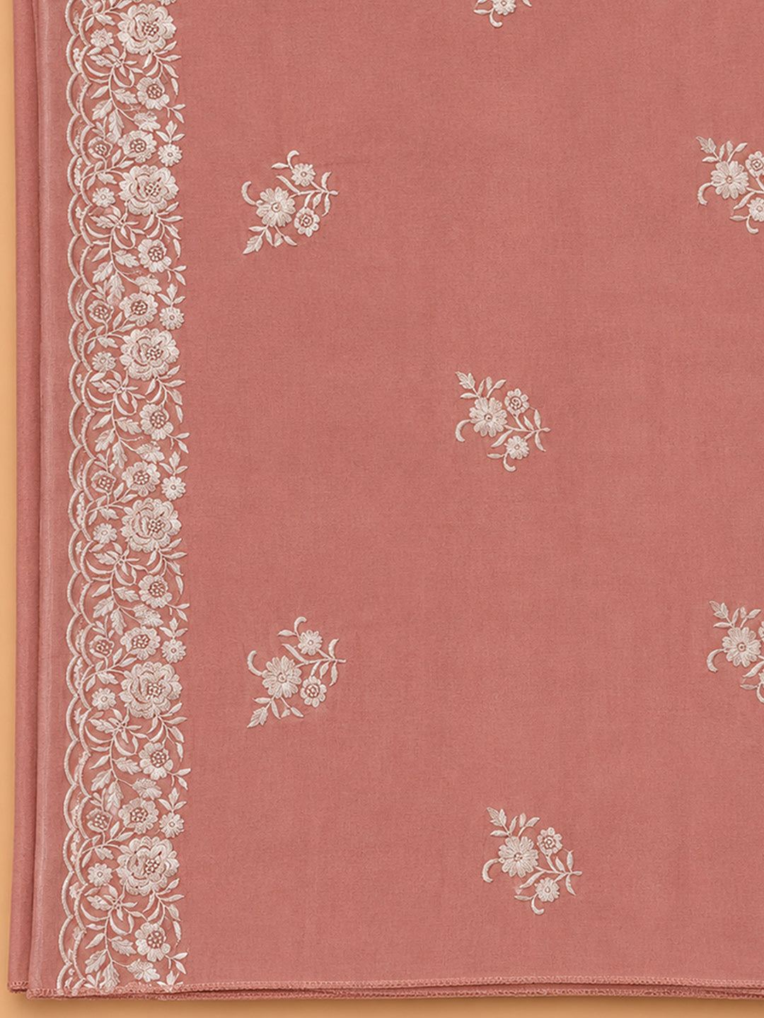 Peach Embroidered Chanderi Unstitched Suit &amp; Pant With Chanderi Dupatta