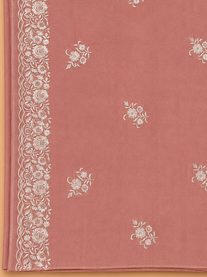Peach Embroidered Chanderi Unstitched Suit &amp; Pant With Chanderi Dupatta