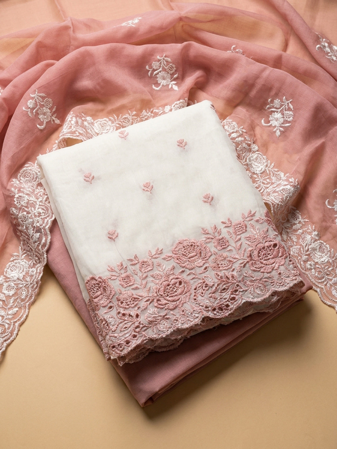 Peach Embroidered Chanderi Unstitched Suit &amp; Pant With Chanderi Dupatta