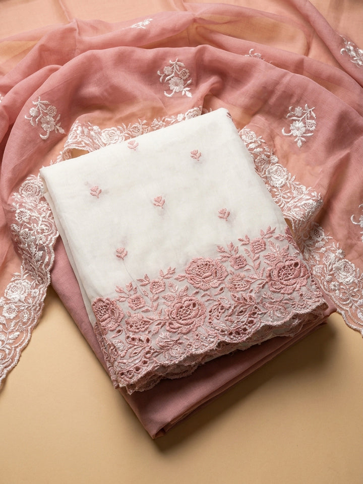 Peach Embroidered Chanderi Unstitched Suit &amp; Pant With Chanderi Dupatta