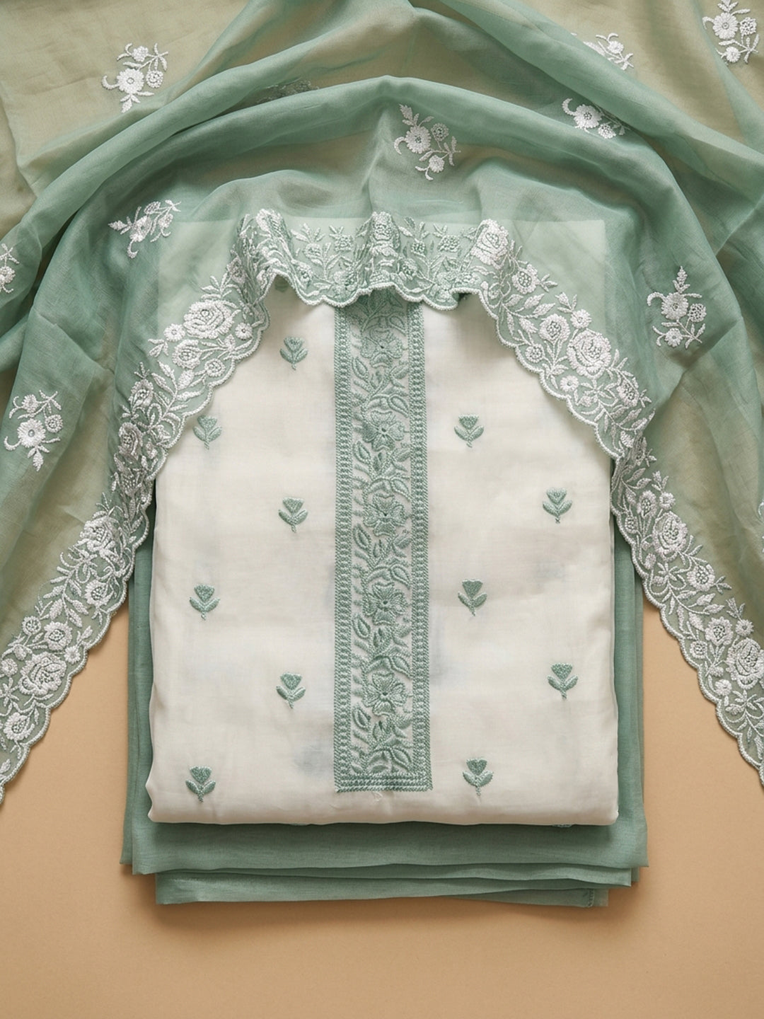 Pista Green Embroidered Chanderi Unstitched Suit &amp; Pant With Chanderi Dupatta
