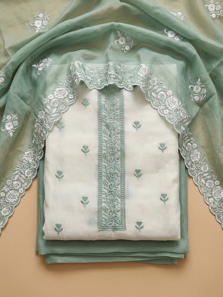 Pista Green Embroidered Chanderi Unstitched Suit &amp; Pant With Chanderi Dupatta