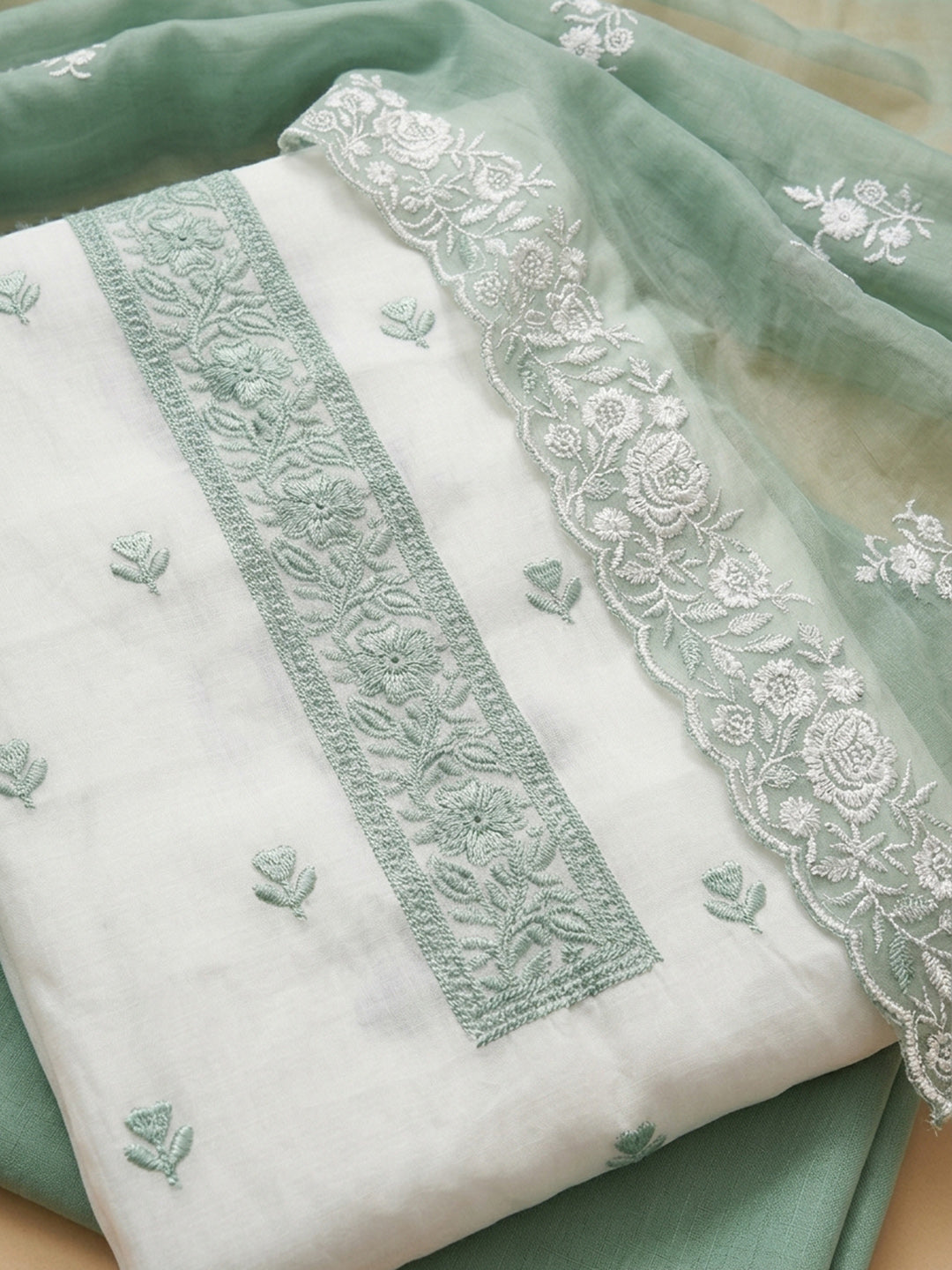 Pista Green Embroidered Chanderi Unstitched Suit &amp; Pant With Chanderi Dupatta