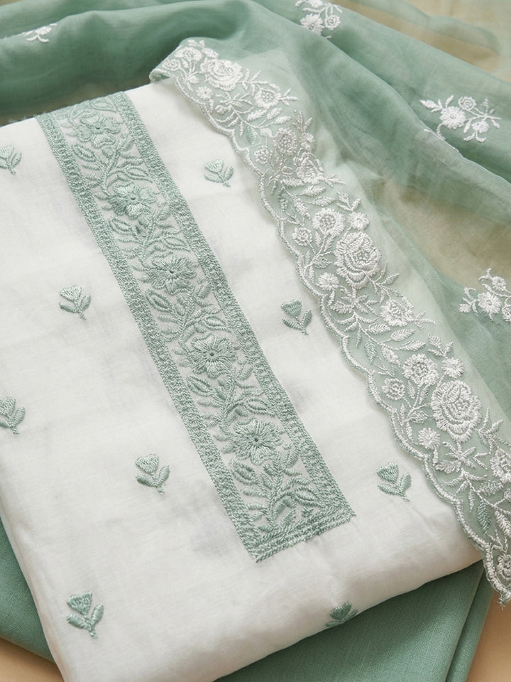 Pista Green Embroidered Chanderi Unstitched Suit &amp; Pant With Chanderi Dupatta