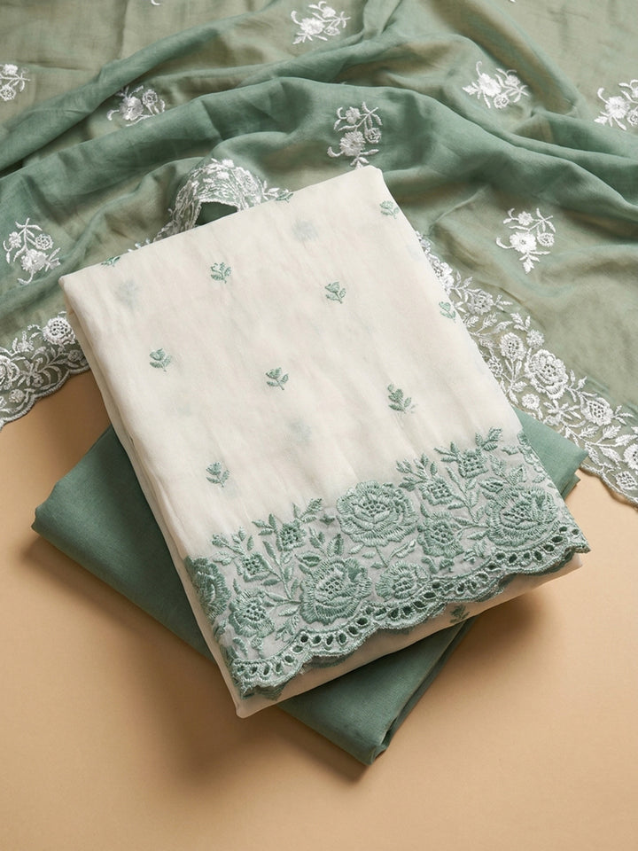 Pista Green Embroidered Chanderi Unstitched Suit &amp; Pant With Chanderi Dupatta