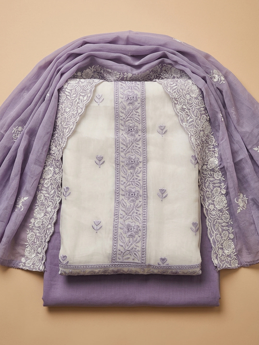 Purple Embroidered Chanderi Unstitched Suit &amp; Pant With Chanderi Dupatta