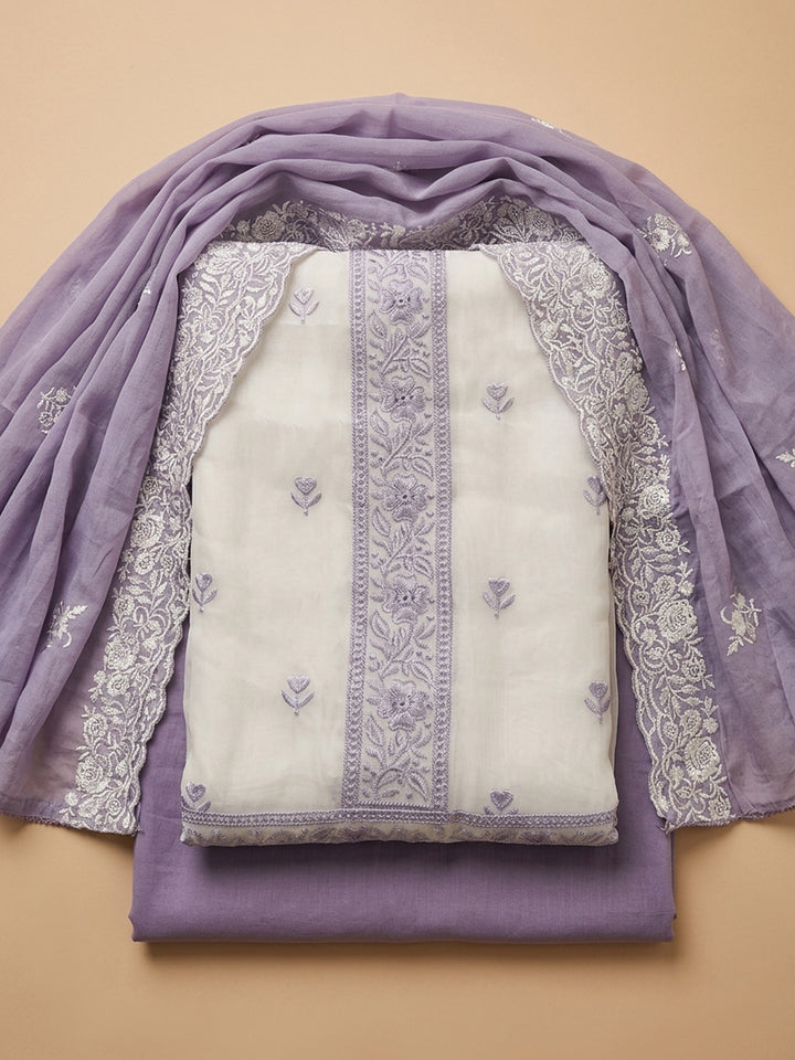 Purple Embroidered Chanderi Unstitched Suit &amp; Pant With Chanderi Dupatta
