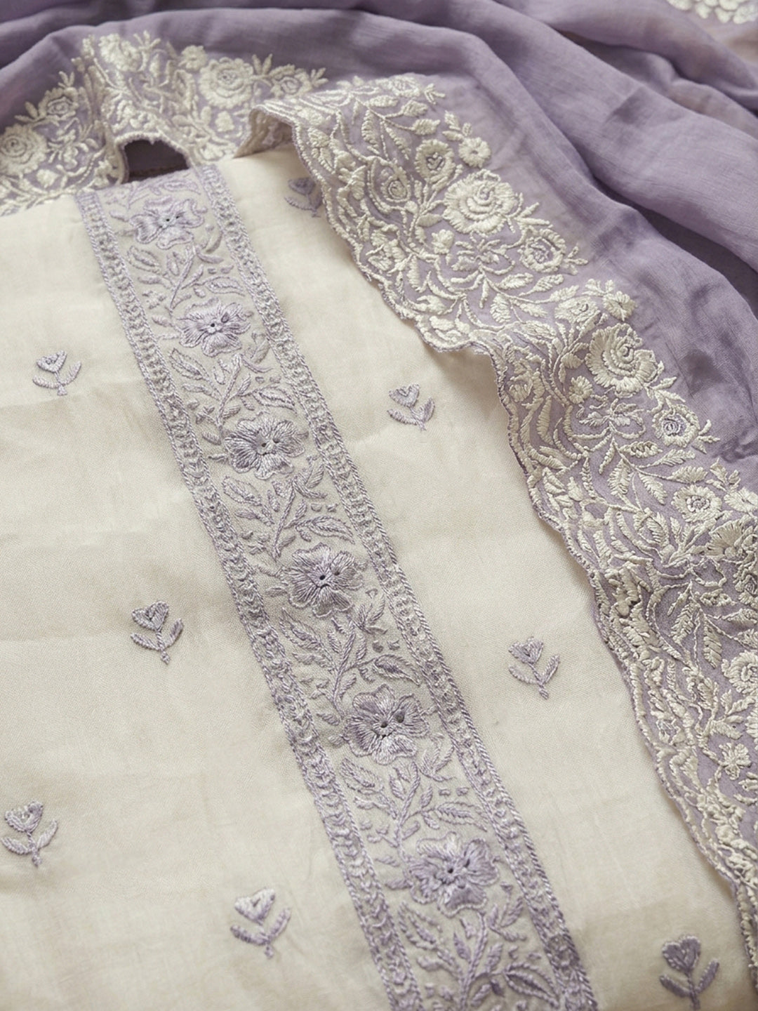 Purple Embroidered Chanderi Unstitched Suit &amp; Pant With Chanderi Dupatta