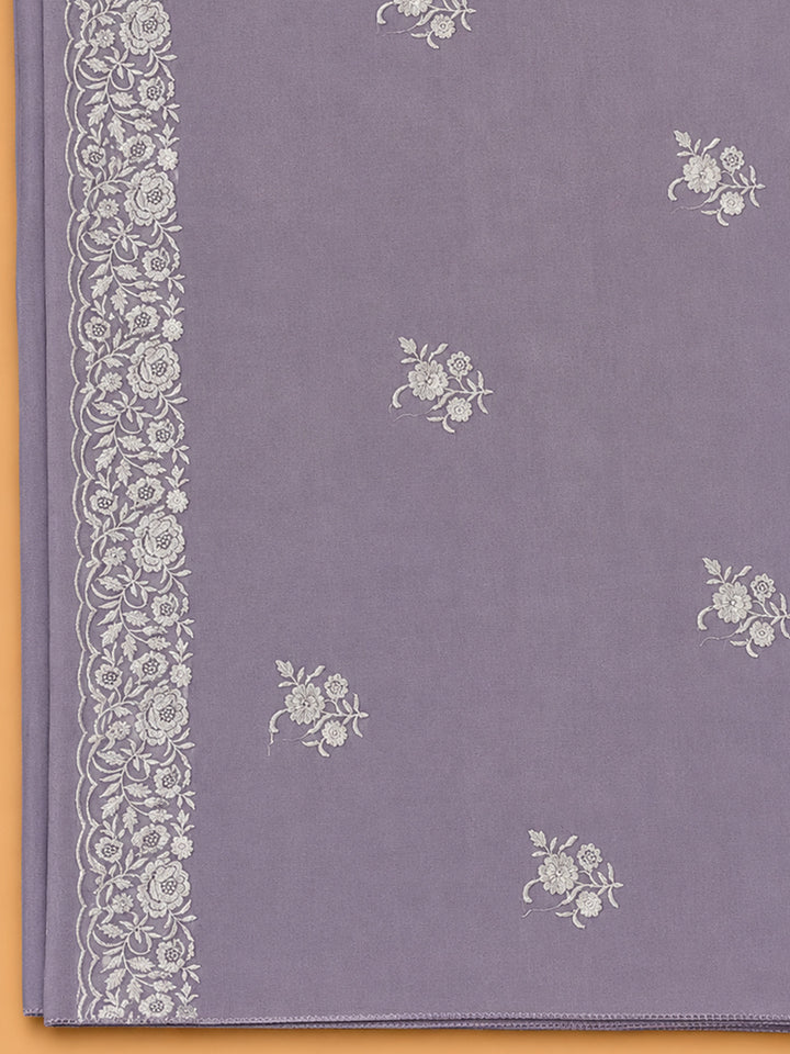 Purple Embroidered Chanderi Unstitched Suit &amp; Pant With Chanderi Dupatta