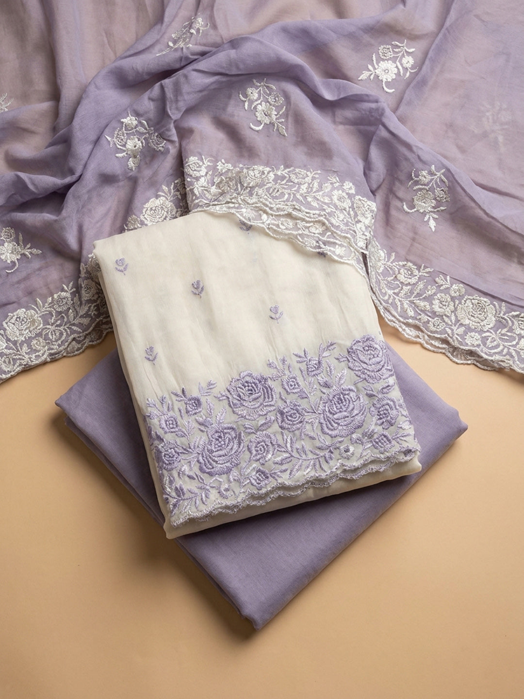 Purple Embroidered Chanderi Unstitched Suit &amp; Pant With Chanderi Dupatta