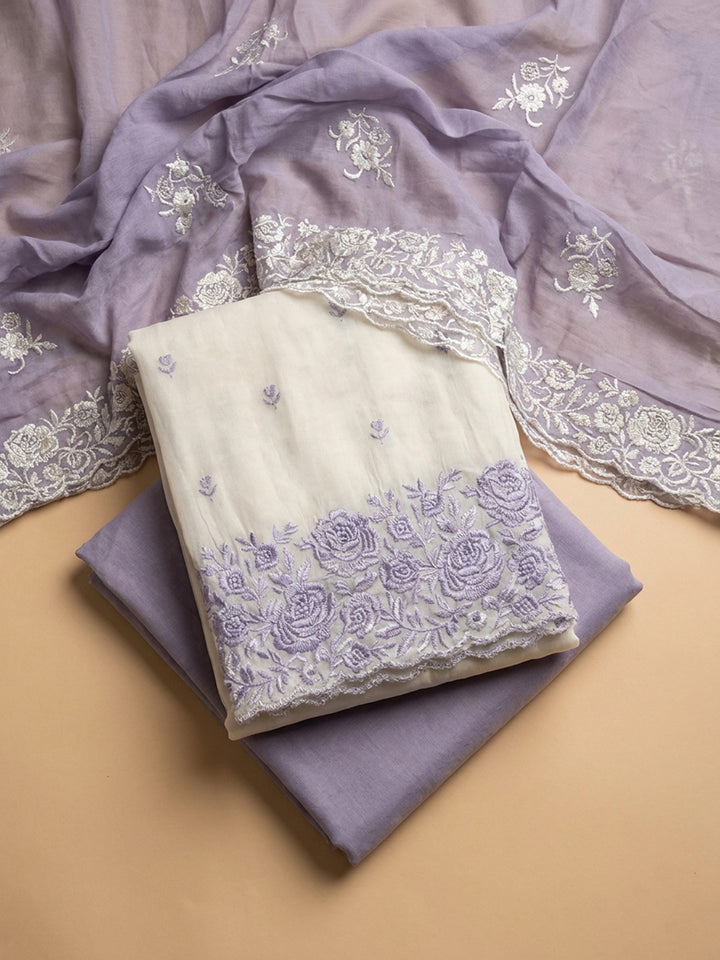 Purple Embroidered Chanderi Unstitched Suit &amp; Pant With Chanderi Dupatta