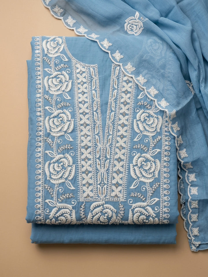 Blue Embroidery Chanderi Unstitched Dress Material