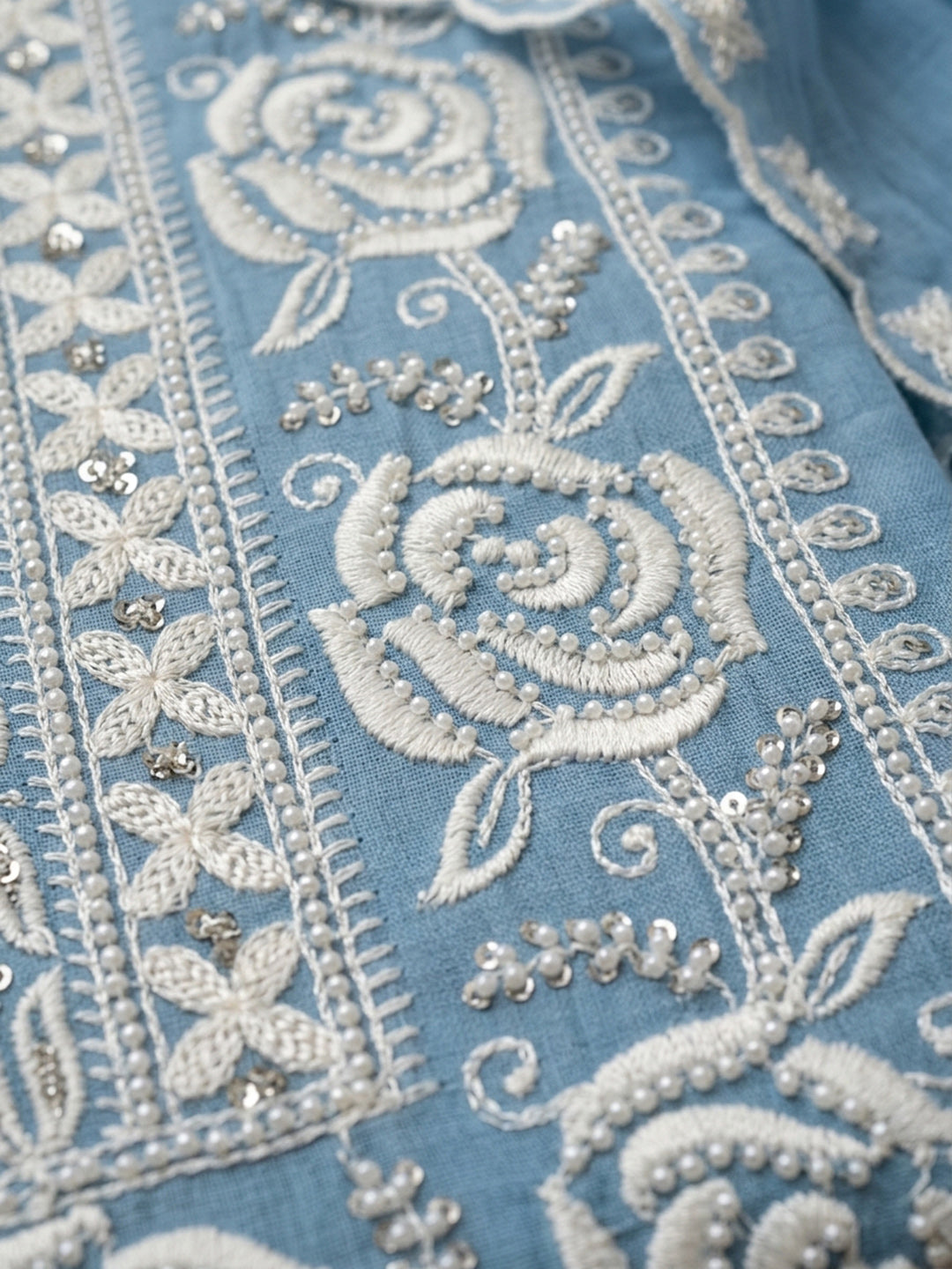 Blue Embroidery Chanderi Unstitched Dress Material