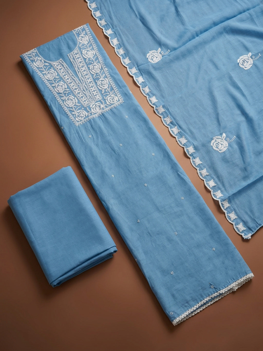 Blue Embroidery Chanderi Unstitched Dress Material